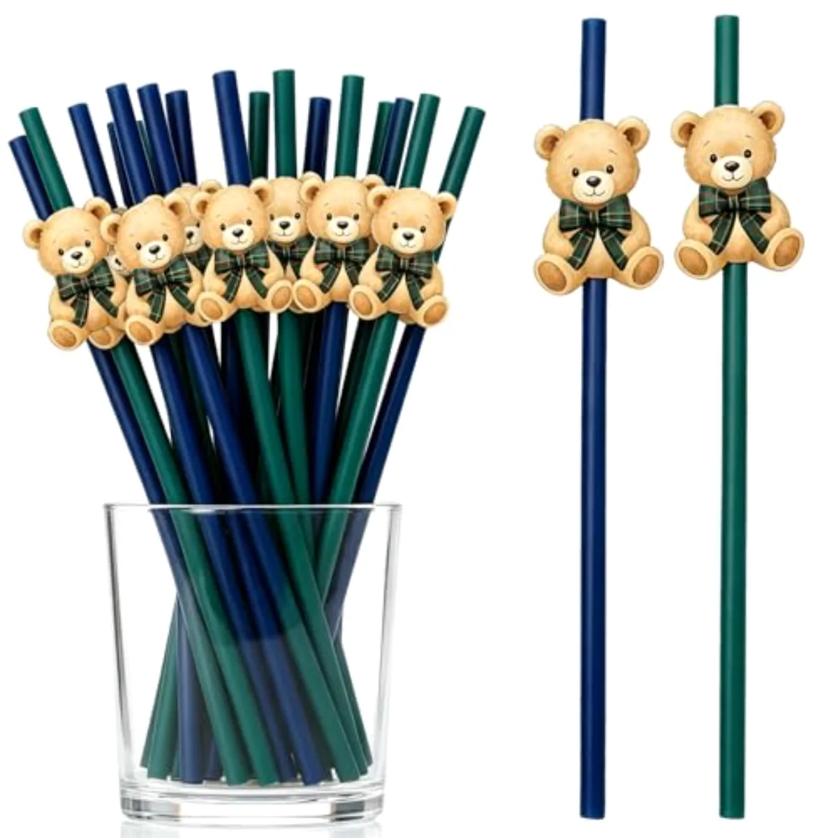 60Pcs Tartan Plaid Bear Paper Straws Baby Shower Drinking Straws Blue