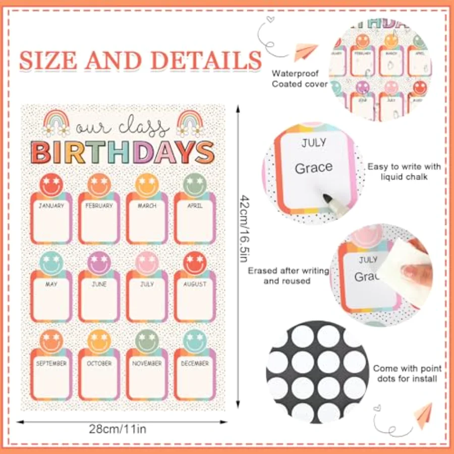 Happy Birthday Chart Poster for Classroom Boho Smile Face Rainbow Birthday, view 2