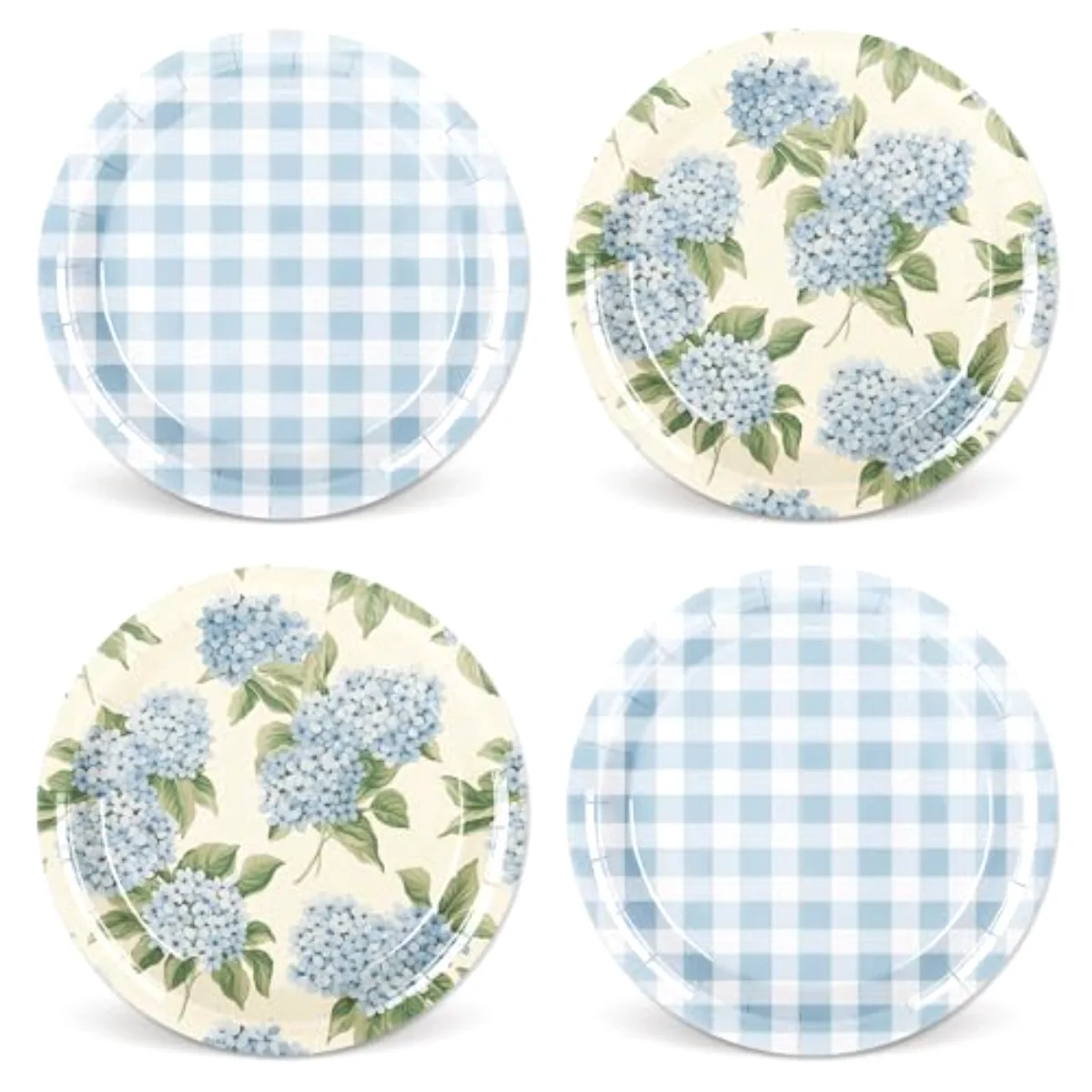 40Pcs Hydrangea Plaid Paper Plates Blue White Floral Disposable Dessert