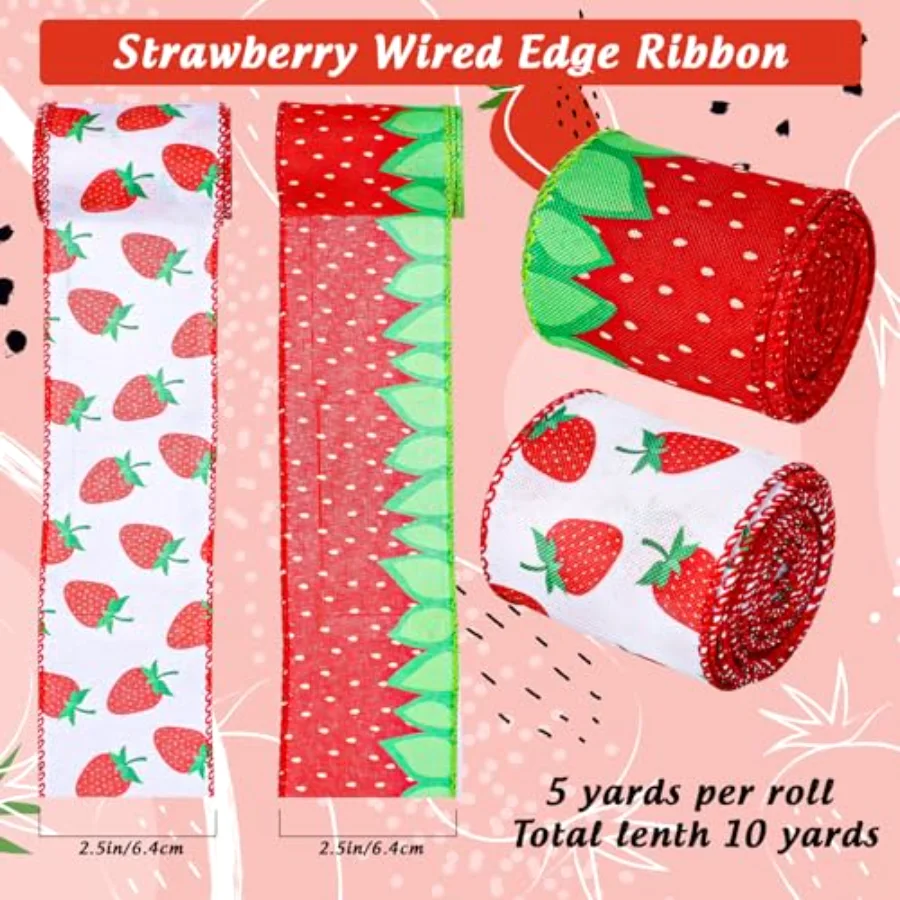 2 Rolls Strawberry Wired Edge Ribbon 2.5 Inch 10 Yards Red Green Fruit, view 2