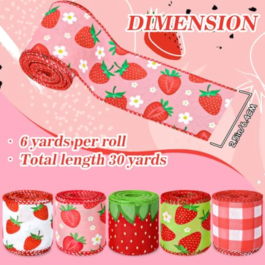 5 Roll Strawberry Wired Ribbon 2.5 Inch Red Pink Green Strawberry Plaid, view 2