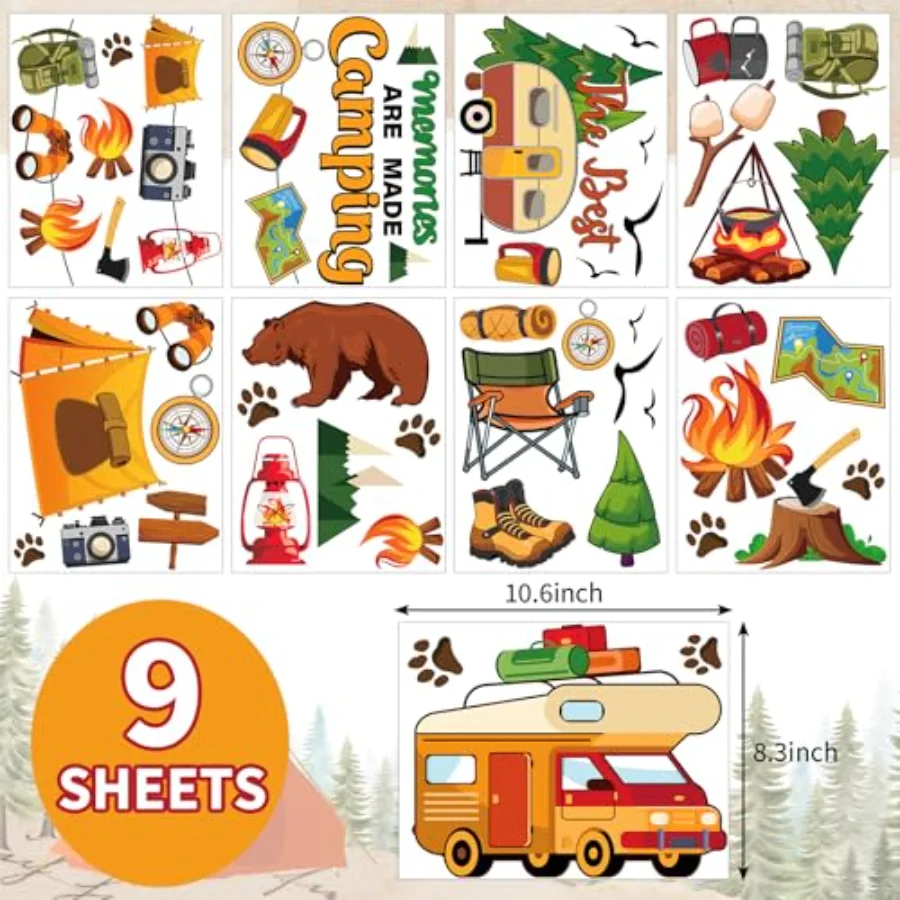 9 Sheets Camping Wall Decal Stickers Camper Bonfire Adventure Room Mural, view 2