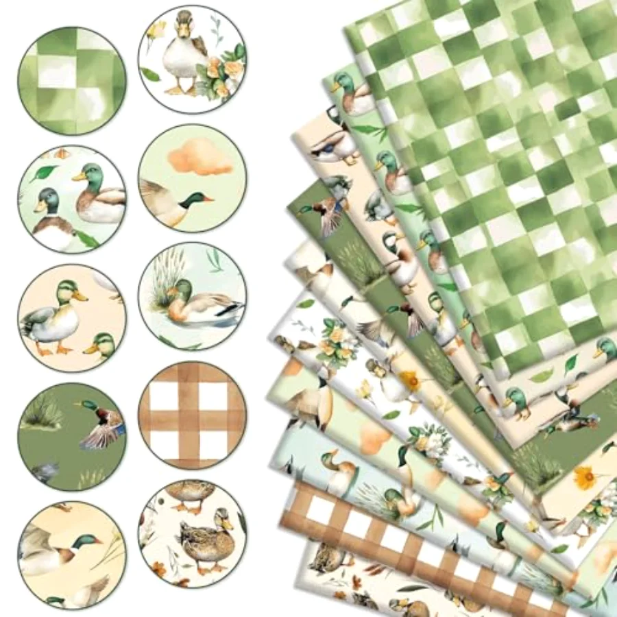 10Pcs Mallard Duck Cotton Fabric Bundles Fat Quarters Watercolor Cute Duck, view 3