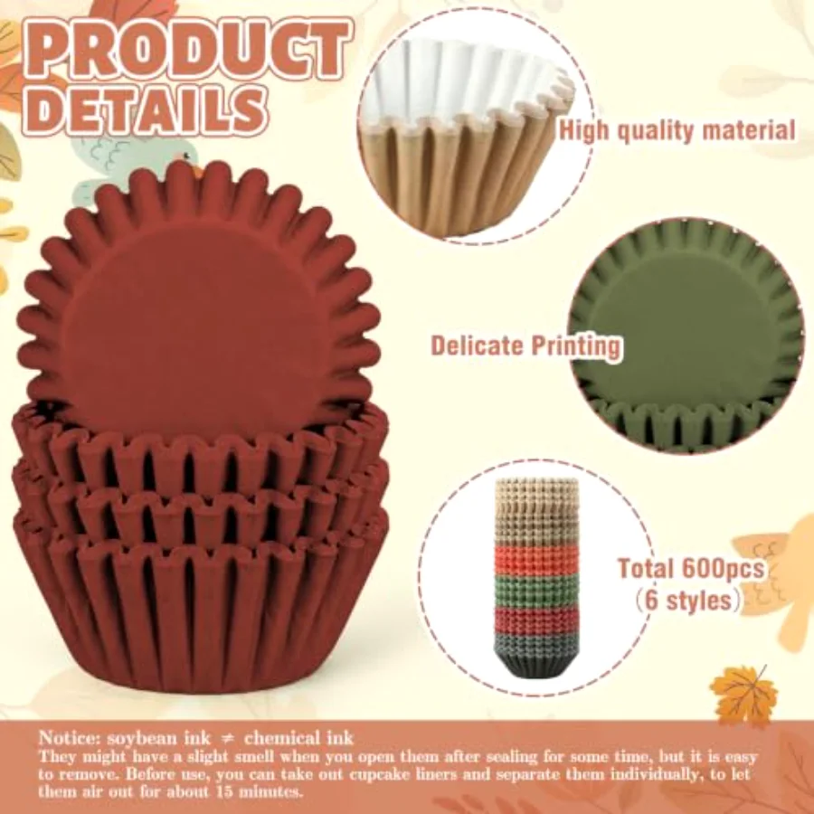 600 Pcs Fall Mini Cupcake Liners Warm Autumn Paper Baking Cups Wedding, view 3
