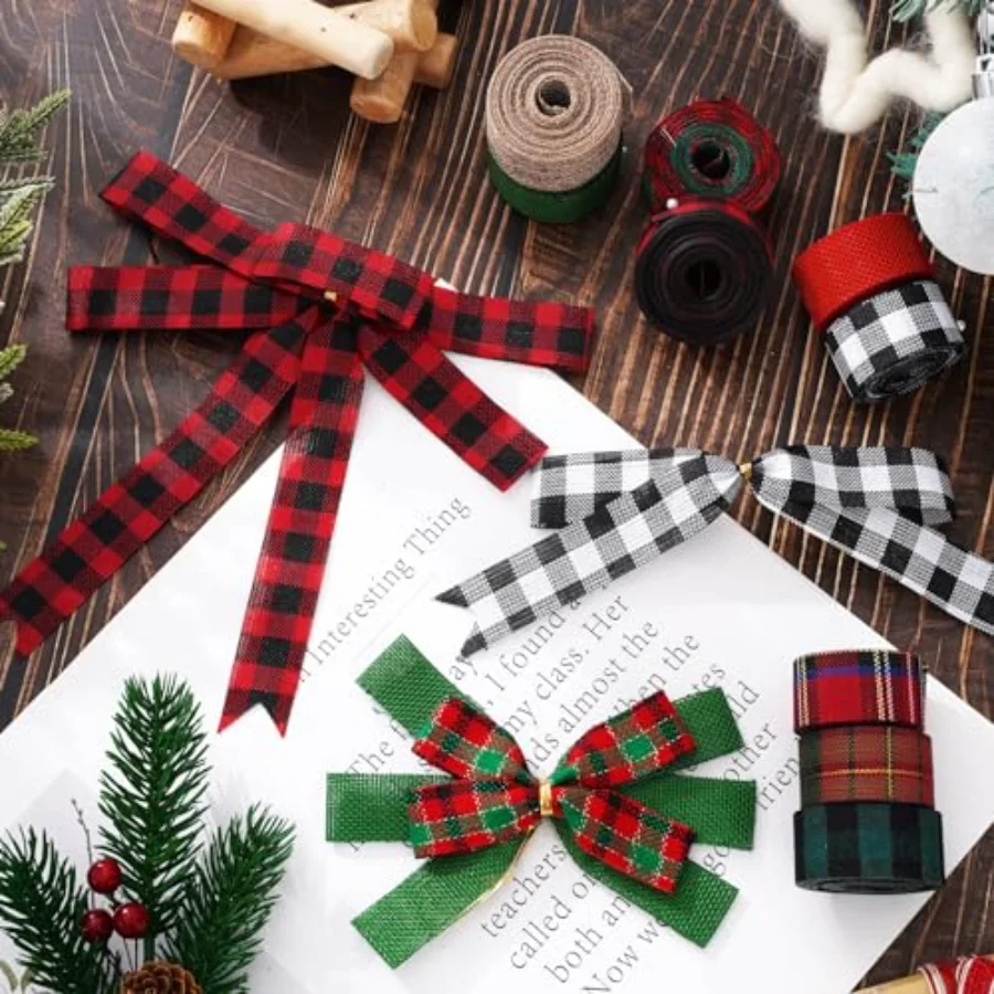 10 Rolls 50 Yards Christmas Burlap Ribbon Rolls 1 Inch Wired Plaid, view 4