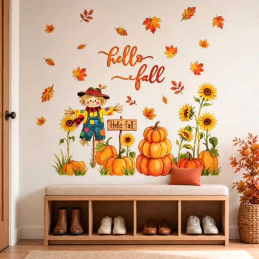 Hello Fall Window Stickers Pumpkin Pile Scarecrow Maple Leaves Wall Decals, view 3