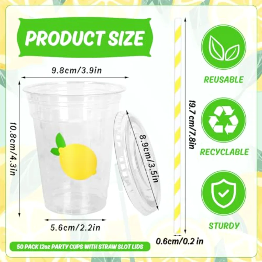 50 Pcs Lemon Disposable Plastic Cups with Lids and Straws, view 2