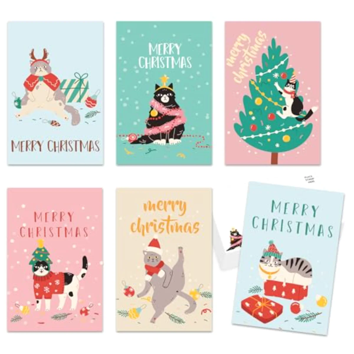 36 Pcs Christmas Postcard Colorful Cat Post Card 6 Designs Double-Sided