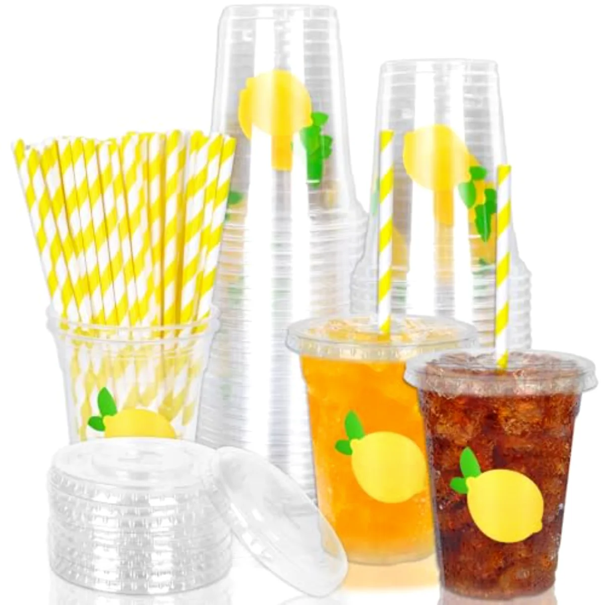 50 Pcs Lemon Disposable Plastic Cups with Lids and Straws