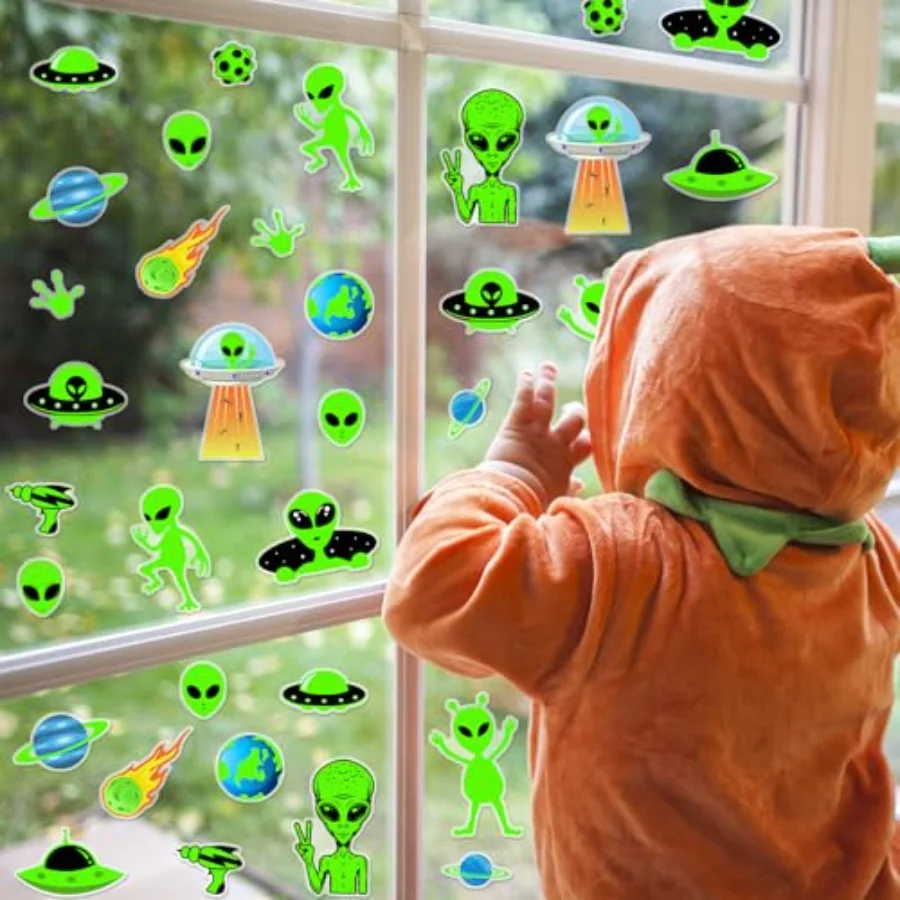 34Pcs Halloween Alien Thick Gel Clings Green Alien Flying Saucer UFO, view 2