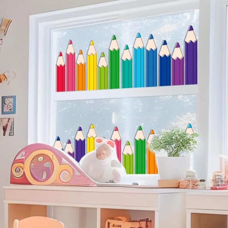 9 Sheets Colorful Pencil Window Clings Window Decal Back to School Rainbow, view 2