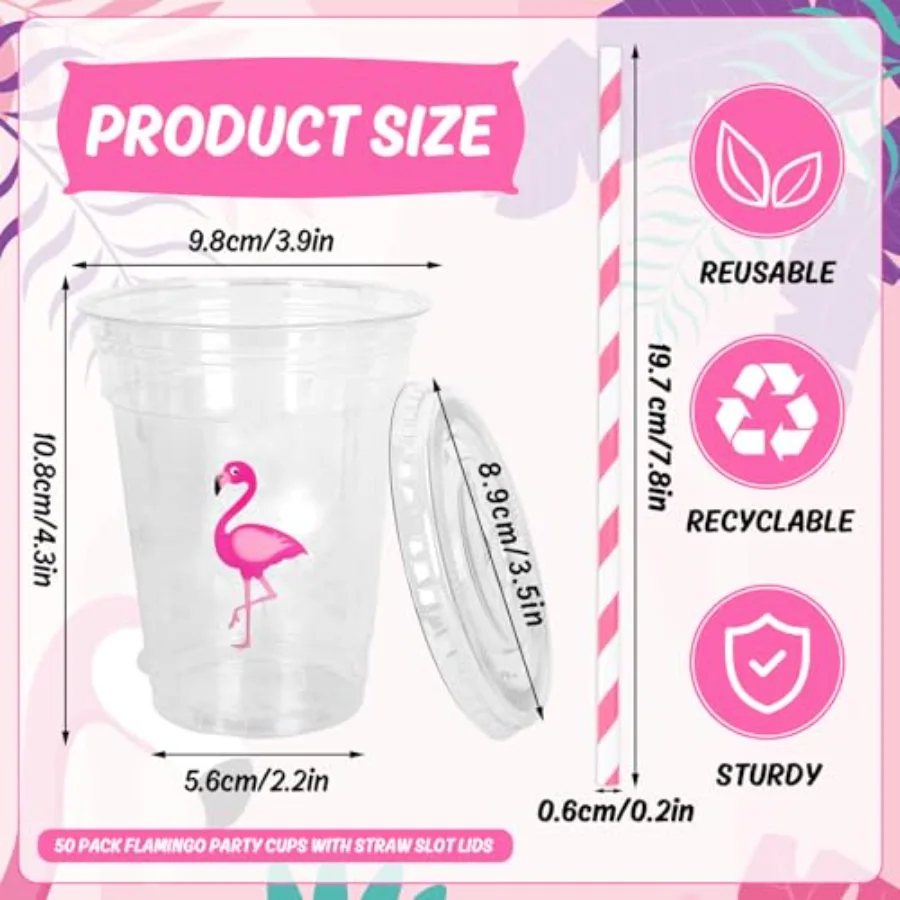 50Pcs Flamingo Disposable Plastic Cups with Lids and Straws 12 Oz Pink, view 2