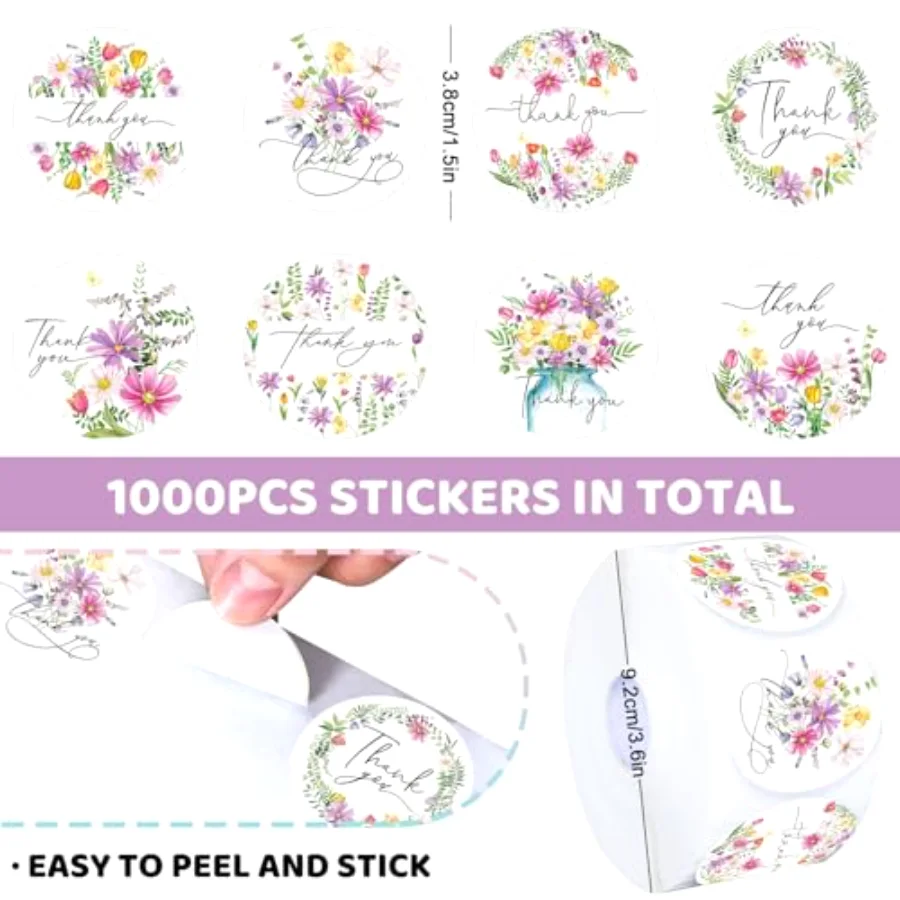 1000Pcs Spring Thank You Stickers Roll 8 Designs Colorful Wildflower, view 2