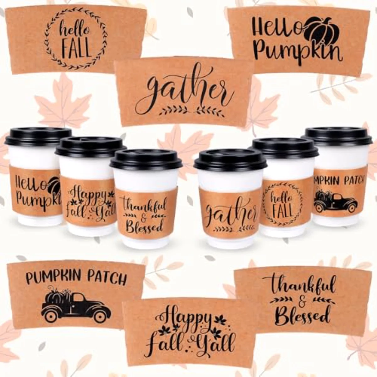 36 Pack Fall Coffee Tea Cup Sleeves Thanksgiving Kraft Paper Sleeves for