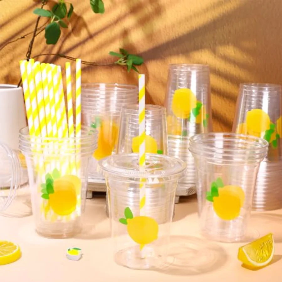 50 Pcs Lemon Disposable Plastic Cups with Lids and Straws, view 4