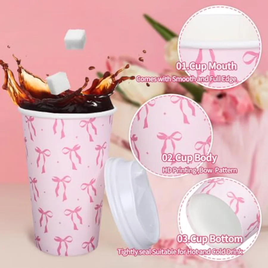 50 Set Pink Bow Disposable Coffee Cups with Lids and Sleeves Coquette, view 3