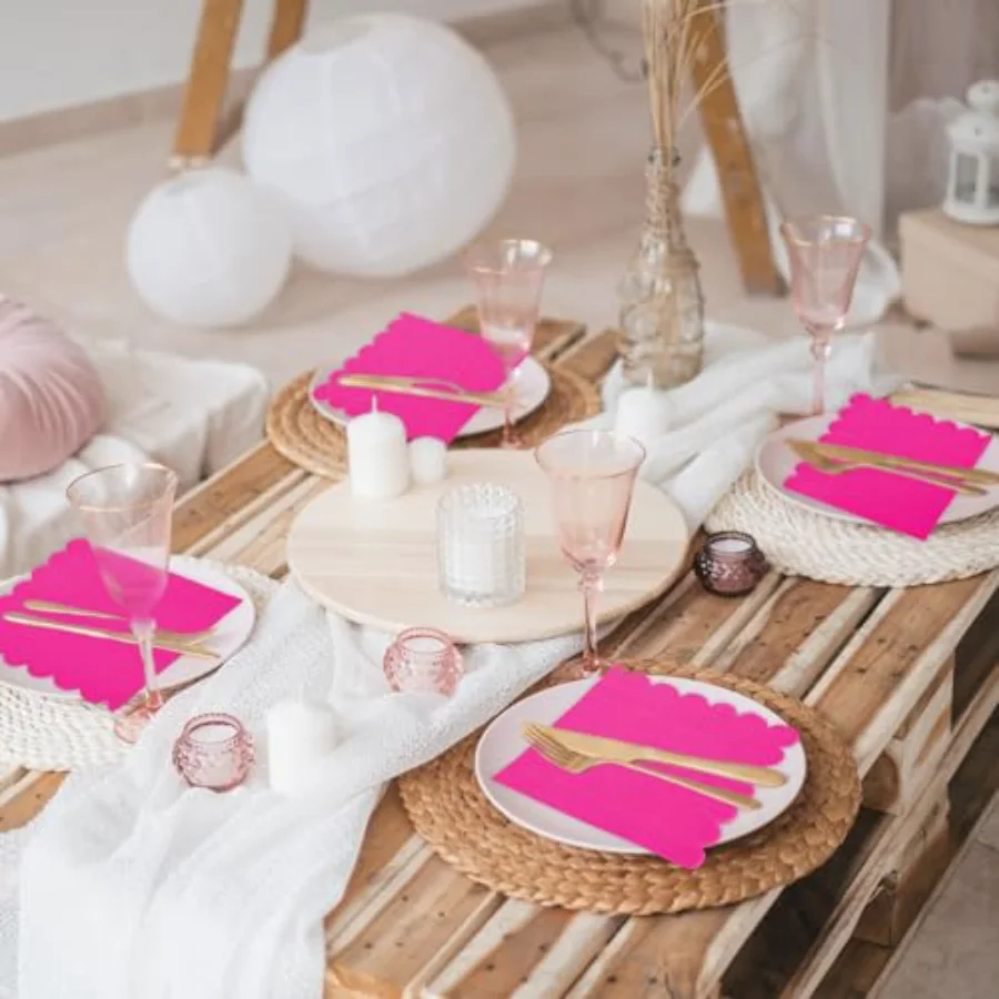 100 Pcs Hot Pink Cocktail Napkins Scalloped Paper Napkin Thick Disposable, view 4