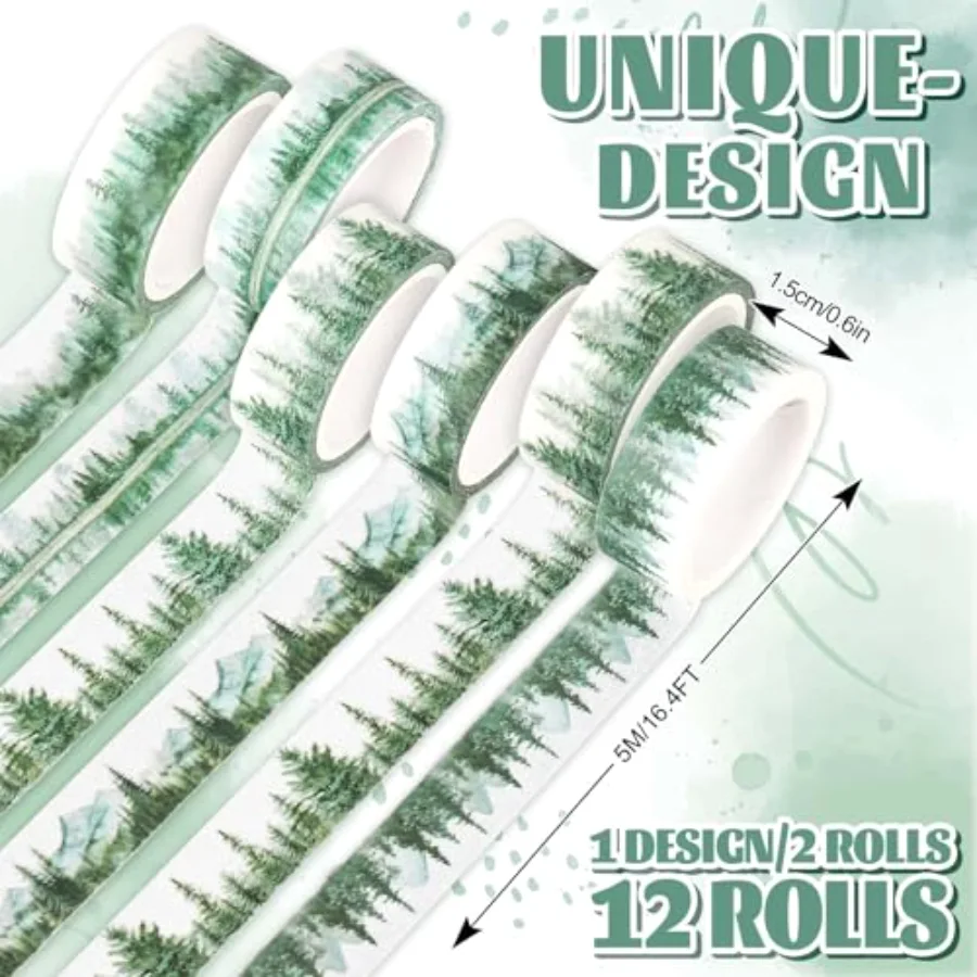 12 Rolls Forest Washi Tape Greenery Masking Tape 6 Designs Assorted Nature, view 2