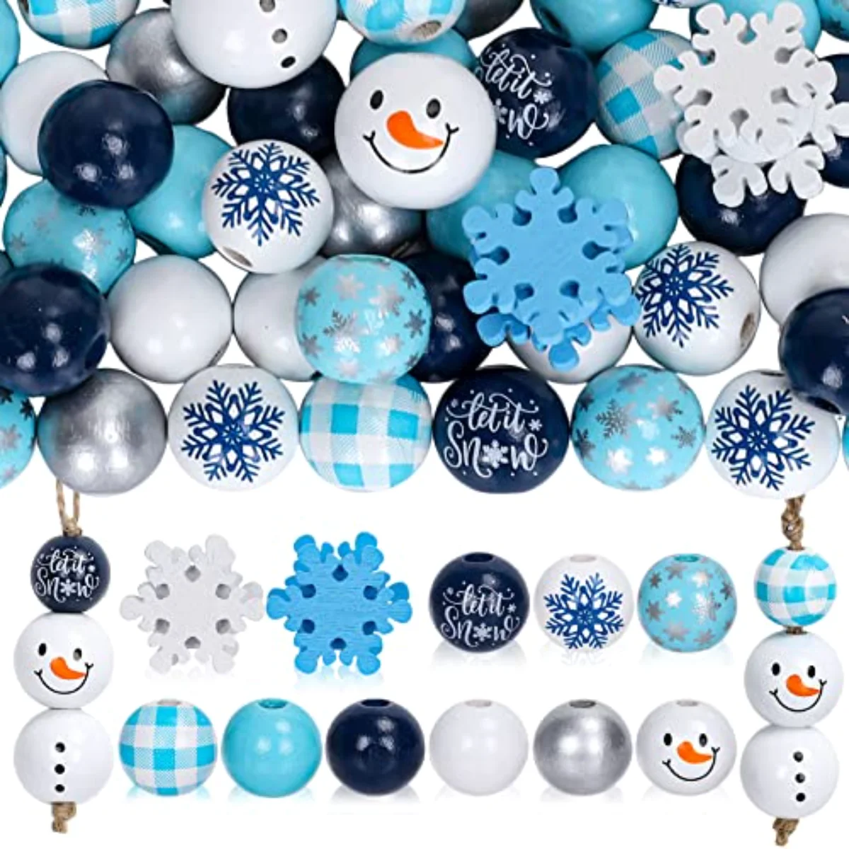 210Pcs Blue Wooden Beads Winter Snowman Wood Beads with Hemp Rope