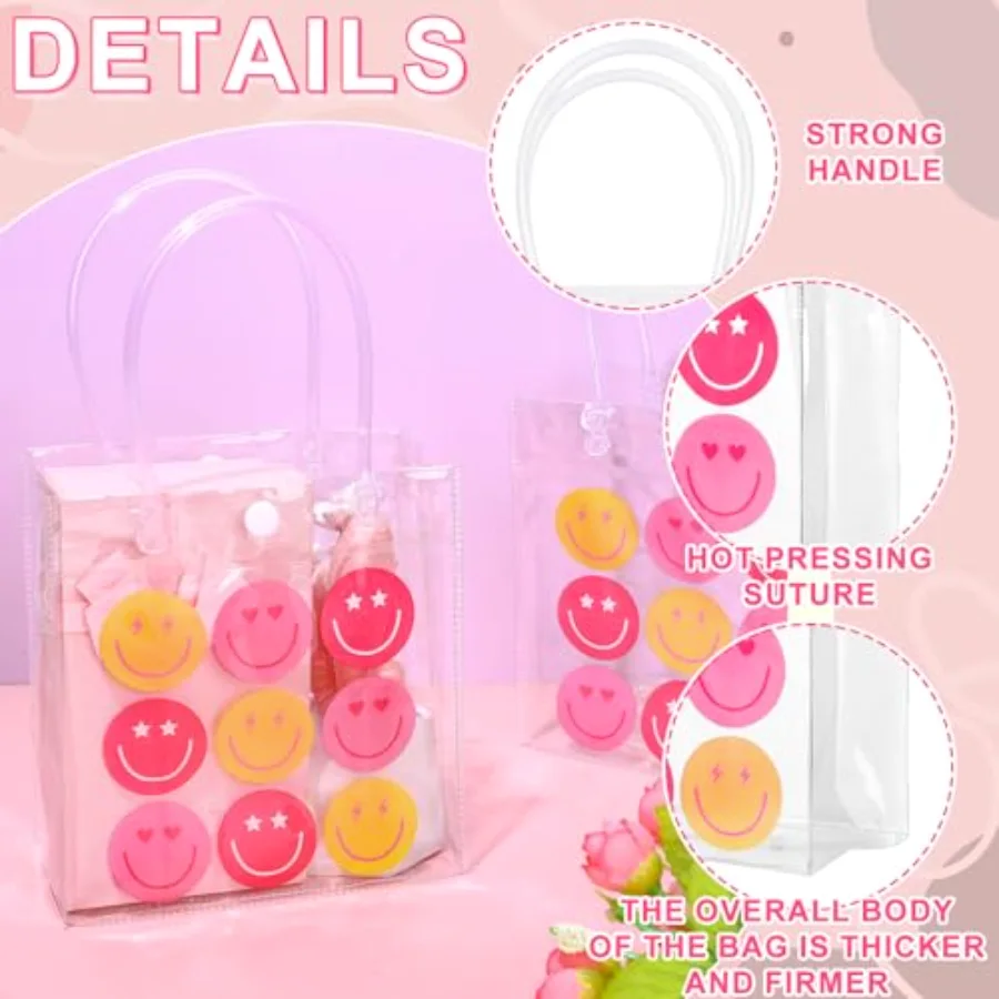 Preppy Smile Clear PVC Gift Bags Pink Happy Face Party Favor Bags with, view 3