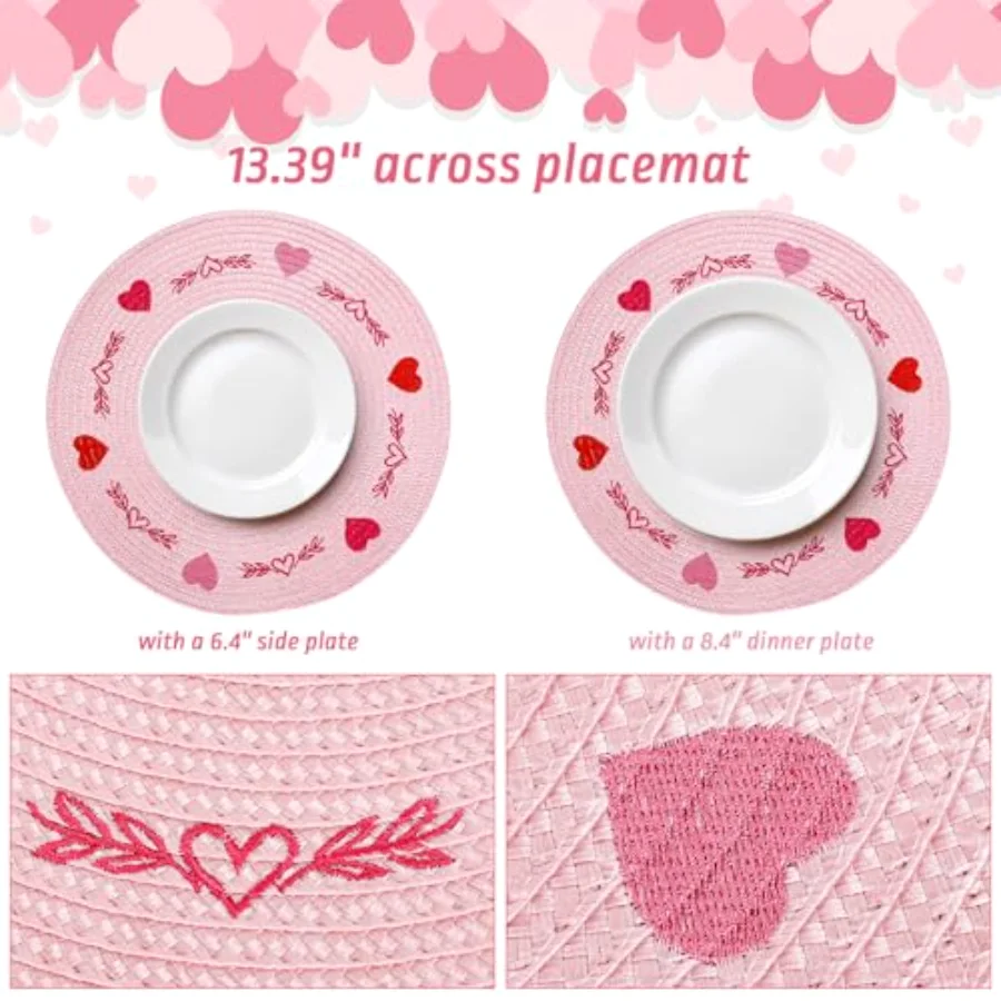 4Pcs Round Valentine Placemats Red Pink Heart Embroidered Place Mats, view 2