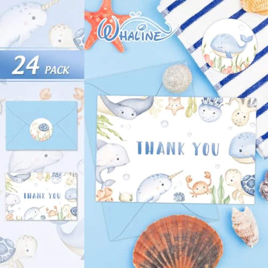 24Pcs Under the Sea Thank You Cards Watercolor Marine Animals Greeting, view 3