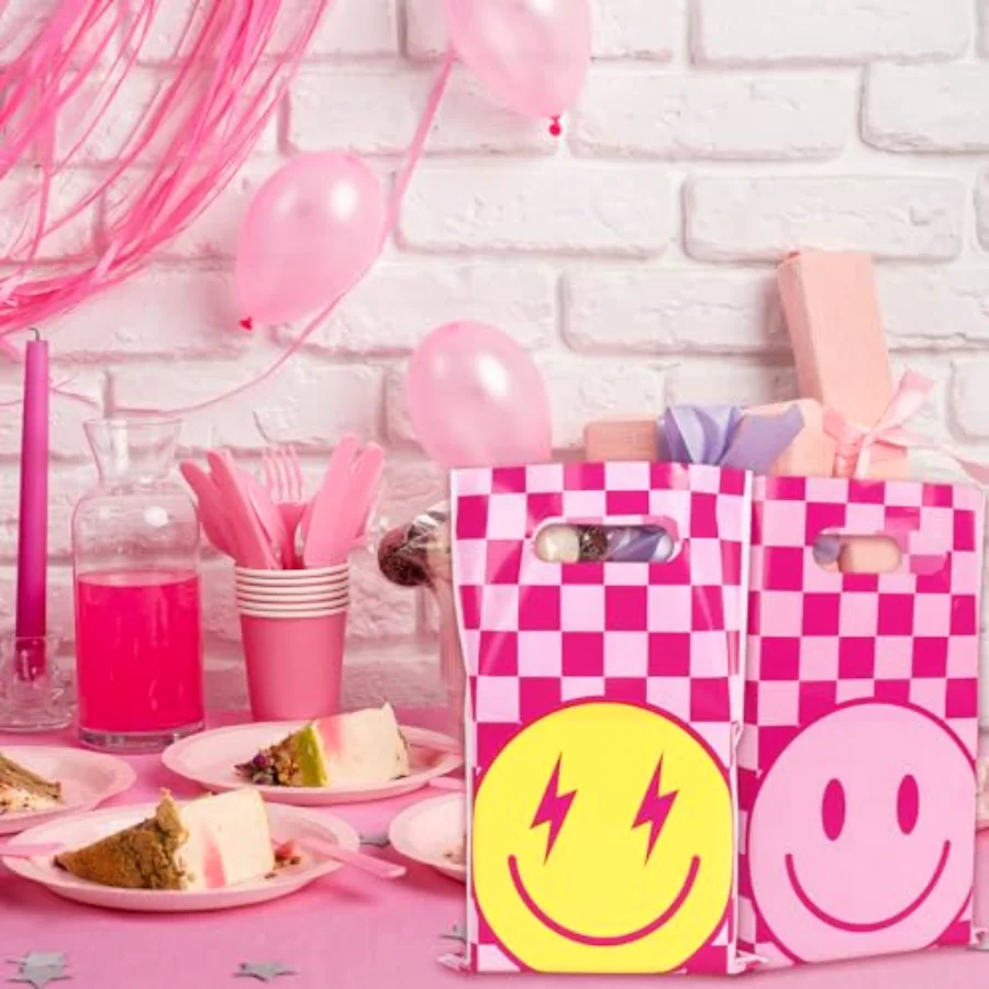 50 Pcs Preppy Party Favor Bag Pink Checkered Smile Face Treat Bags with, view 4