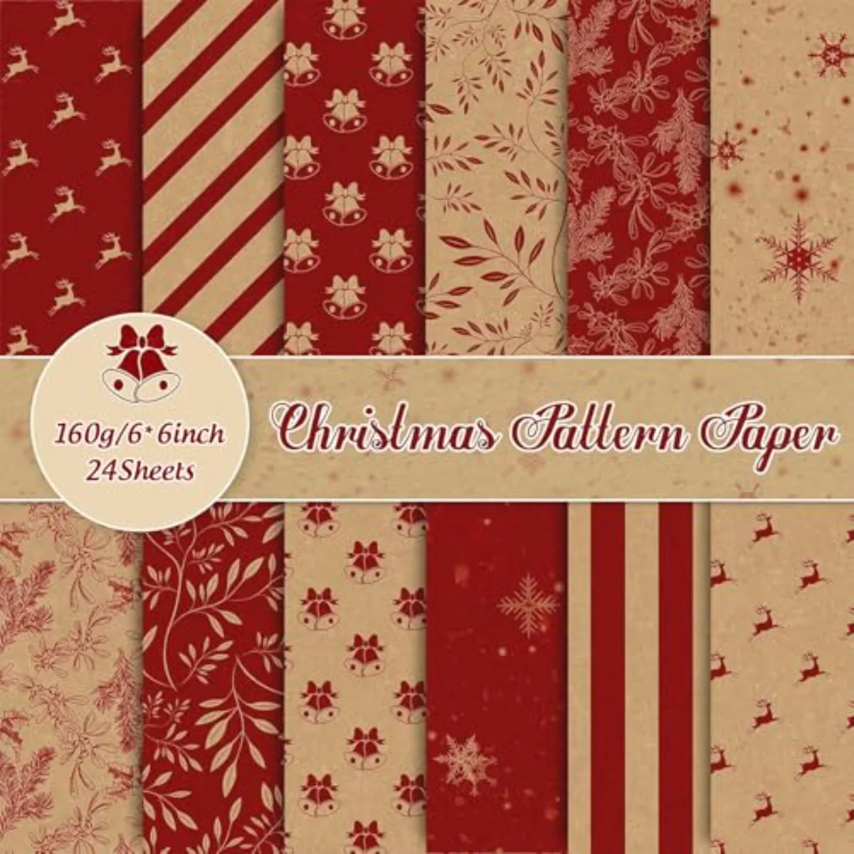 24 Sheets Christmas Pattern Paper Kraft Red Reindeer Snowflake Bell