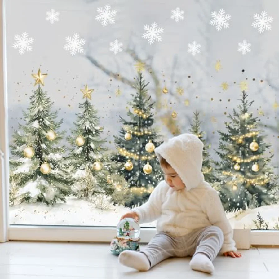 9 Sheets Christmas Window Clings Window Decals Watercolor Xmas Tree Ball, view 3
