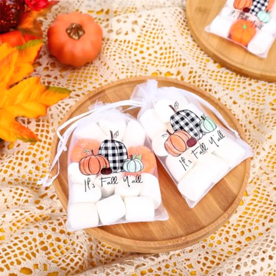 100 Pcs Fall Organza Bags Drawstring Plaid Orange Pumpkin Gift Bags White, view 4