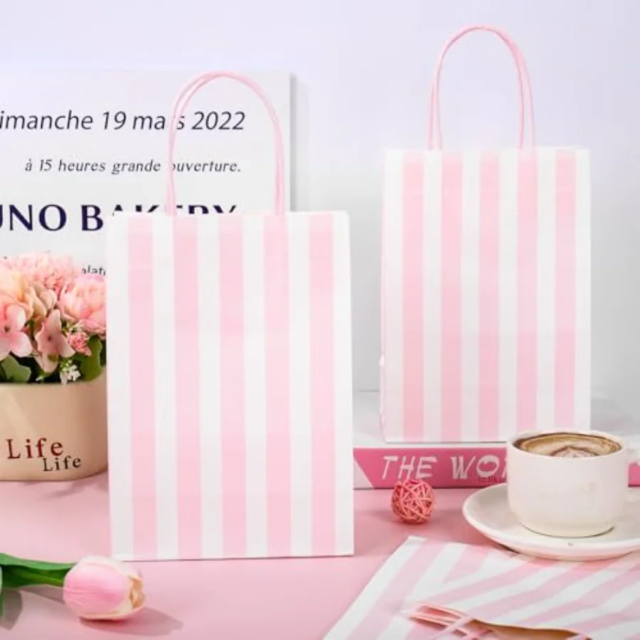 36Pcs Pink Stripe Paper Gift Bag Treat Bags with Handles White Pink, view 4