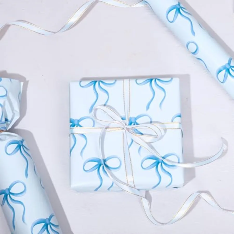 Blue Bow Wrapping Paper -Mini Roll- 17in x 38Ft Bow-knot Gift Wrap Paper, view 3