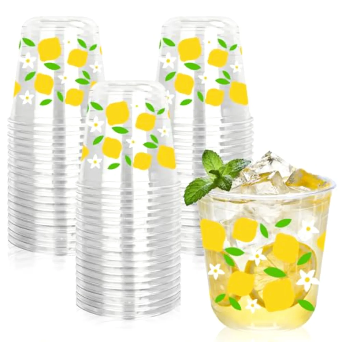 50Pcs Summer Plastic Cups 12 Oz Lemon Disposable Clear Stemless Wine