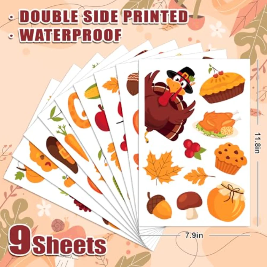 9 Sheets Fall Thanksgiving Cartoon Window Cling Stickers Turkey Pumpkin, view 2