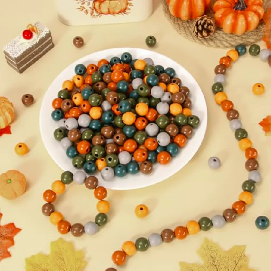 240Pcs Fall Wooden Beads Orange Yellow Green Brown Round Loose Bead Autumn, view 4