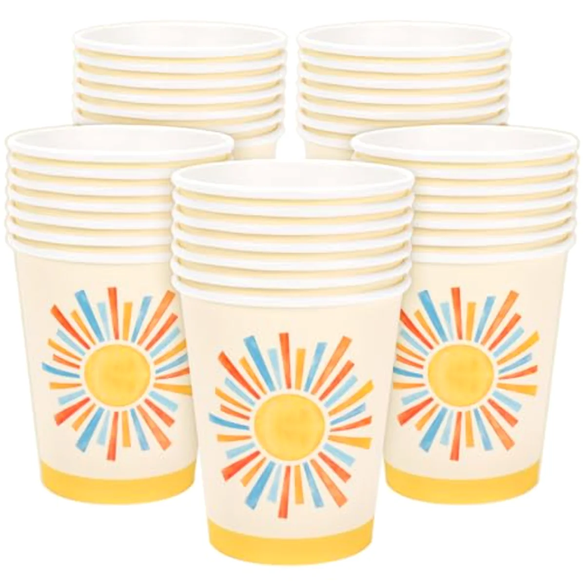 100 Pcs Boho Sun Paper Cups Watercolor Blue Yellow Sunshine Disposable