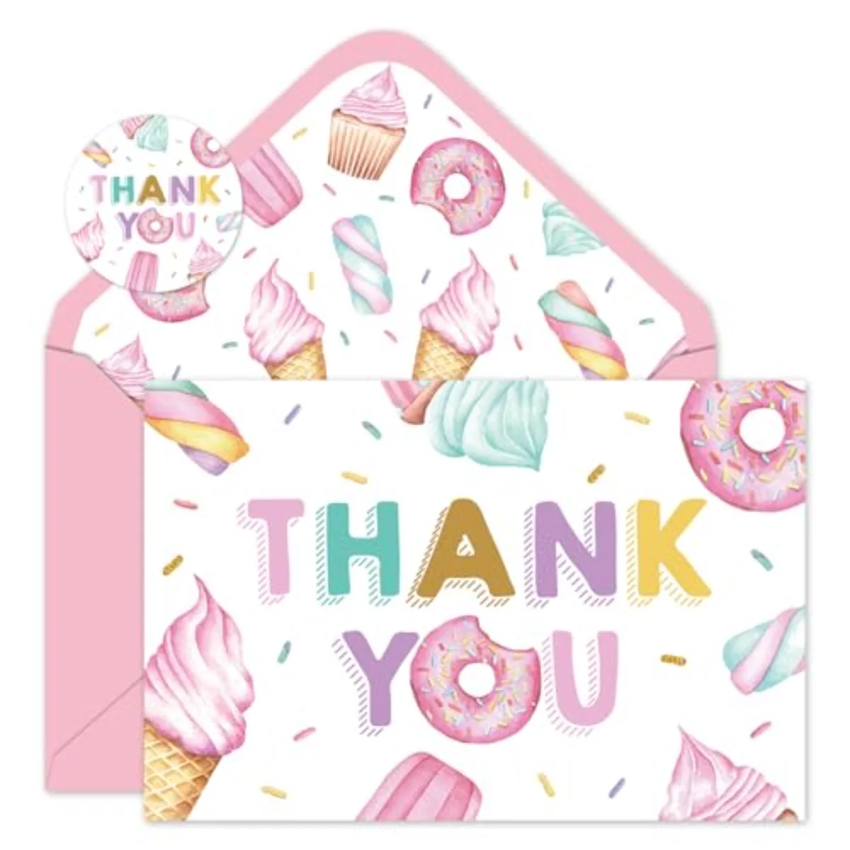 24 Pack Sweet Party Thank You Cards Bulk Ice Cream Donut Cupcake Note