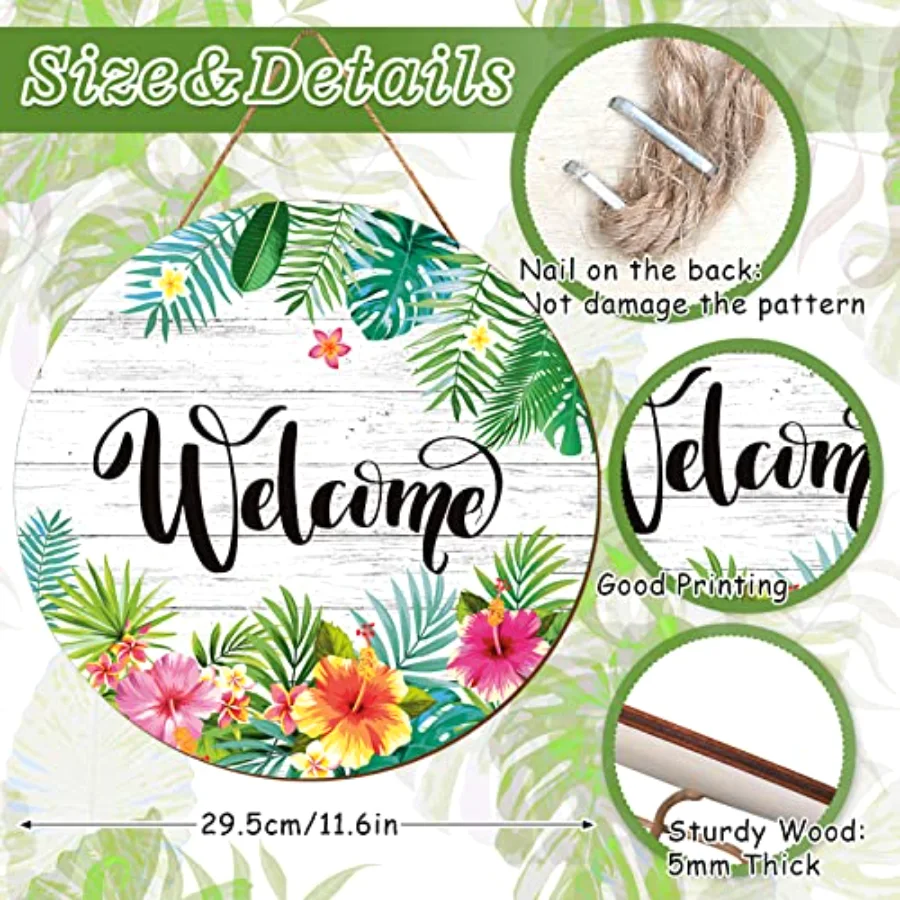 Summer Hawaiian Wooden Welcome Sign Tropical Flower Palm Leaves Hanging, view 2