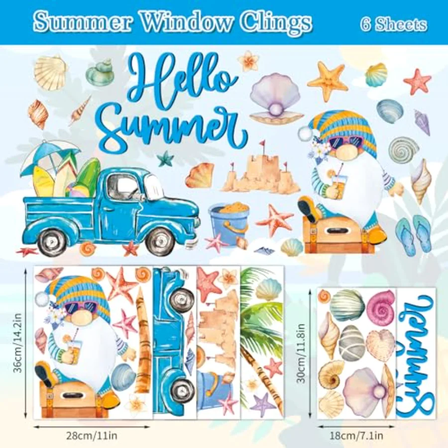 6 Sheet Hello Summer Window Clings Large Palm Tree Sun Beach Gnome Window, view 4
