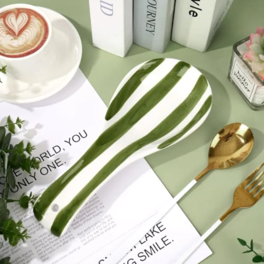9.3 Inch Striped Spoon Rest, Sage Green & Beige, view 4