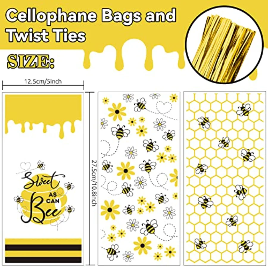 150 Pcs Spring Summer Bee Party Cello Bags 3 Design Honey Bee Cellophane, view 2