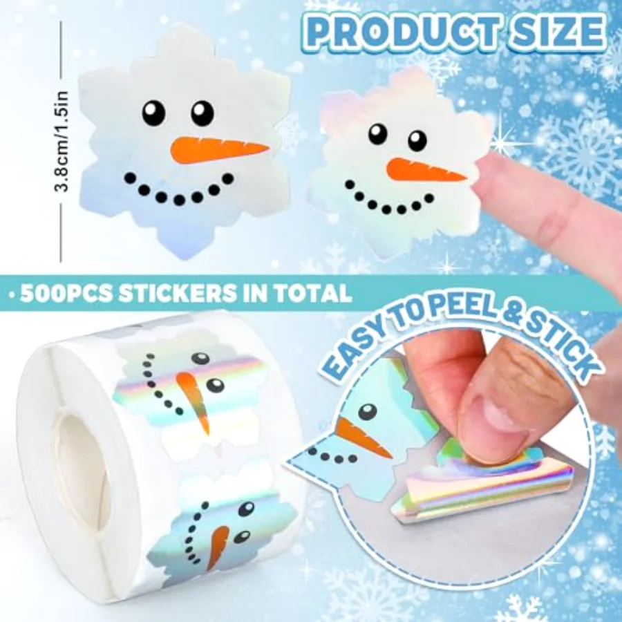 Christmas Winter Snowman Face Stickers Roll Snowflake Shape Holographic, view 2