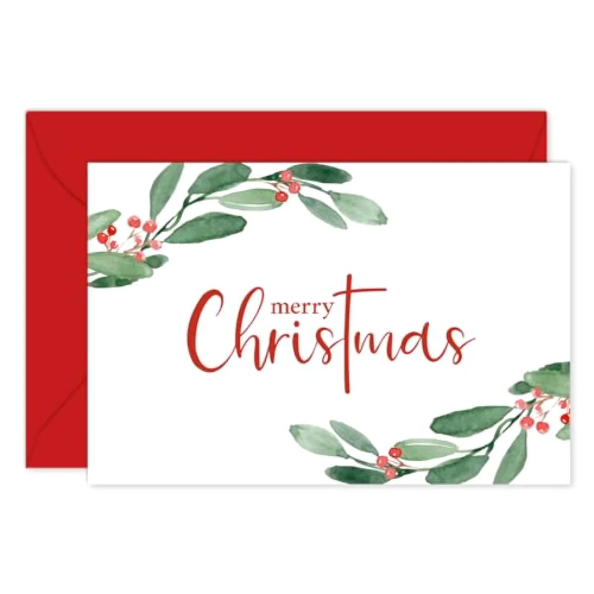 50 Pack Merry Christmas Greeting Cards Bulk Red Berry with Leaves Blank