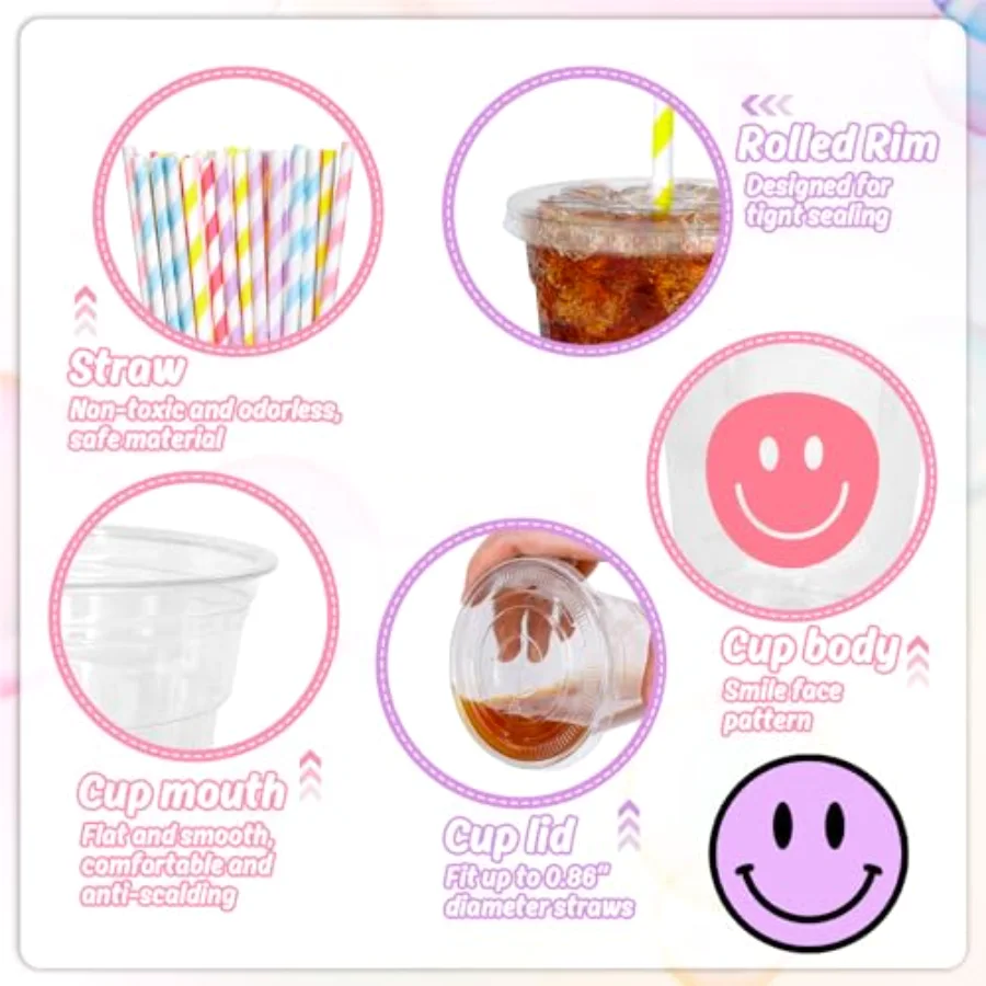 60 Pcs Smile Face Disposable Plastic Cups with Lids and Straws 12 oz, view 3