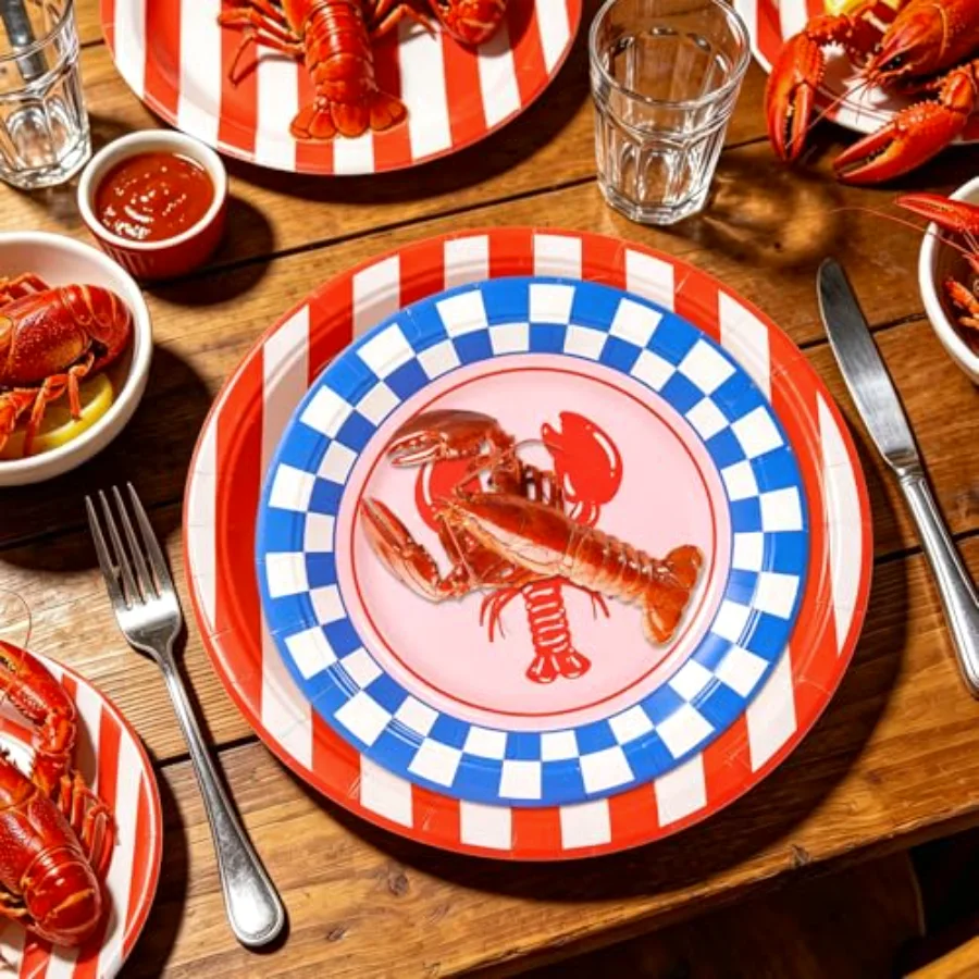 50Pcs Crawfish Paper Plates 7 & 9 Inch Summer Dinnerware Set Stripe Plaid, view 4