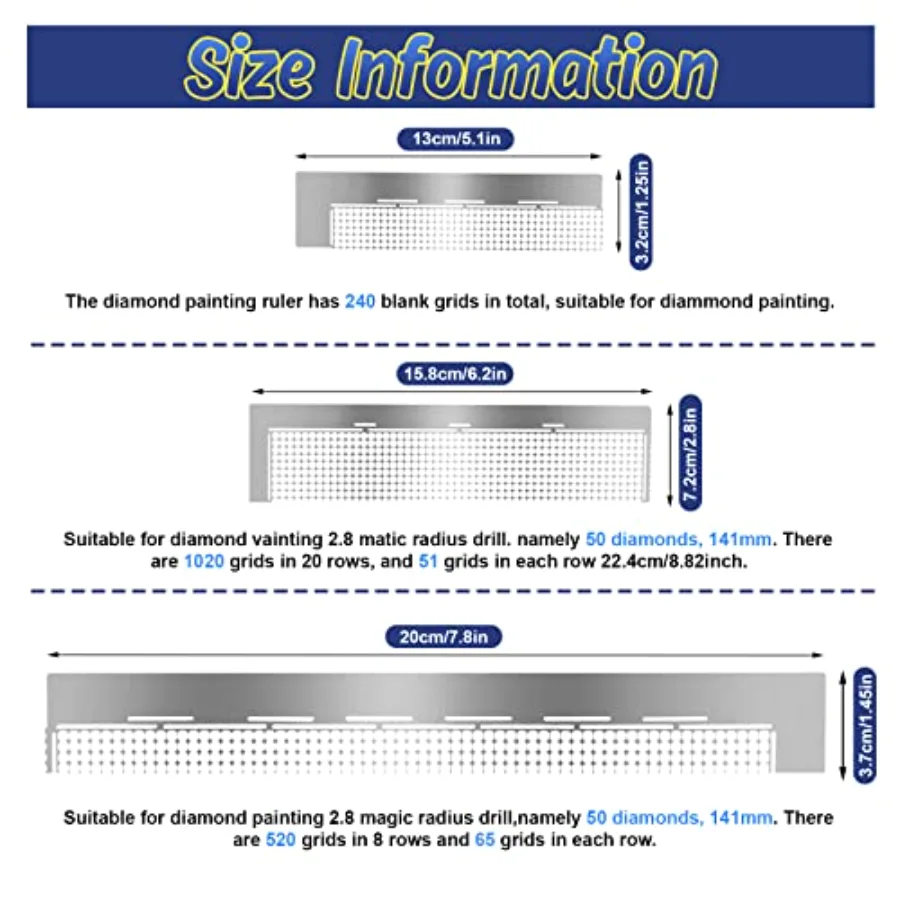 3Pcs Stainless Diamond Pasted Drawing Ruler Steel 5D Drawing Mesh Ruler, view 2