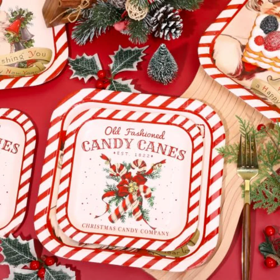 40Pcs Christmas Vintage Tableware Set Santa Candy Cane Stripe Paper Plates, view 3