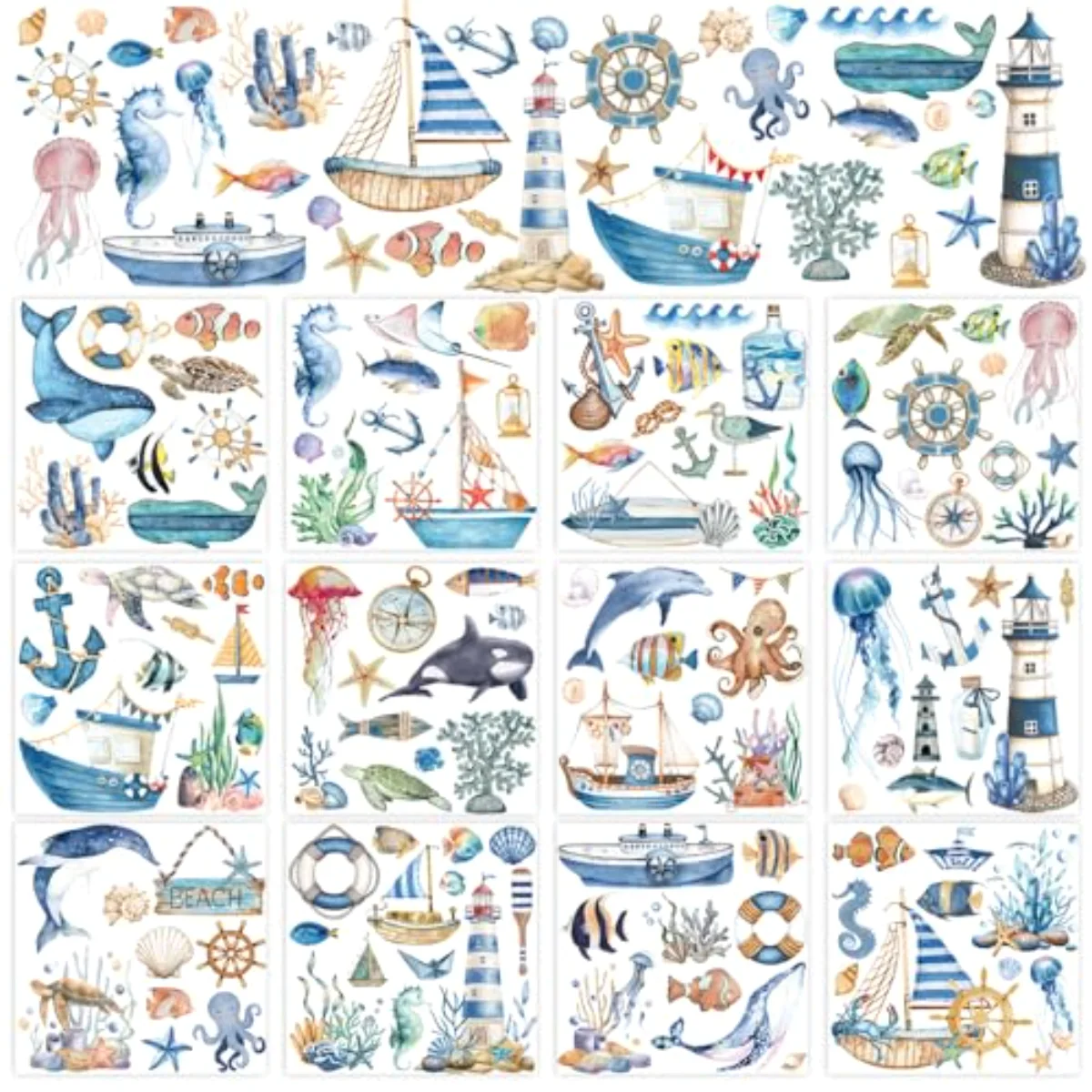 12 Sheets Nautical Ocean Rub On Transfer for Crafts Watercolor Sea Animal