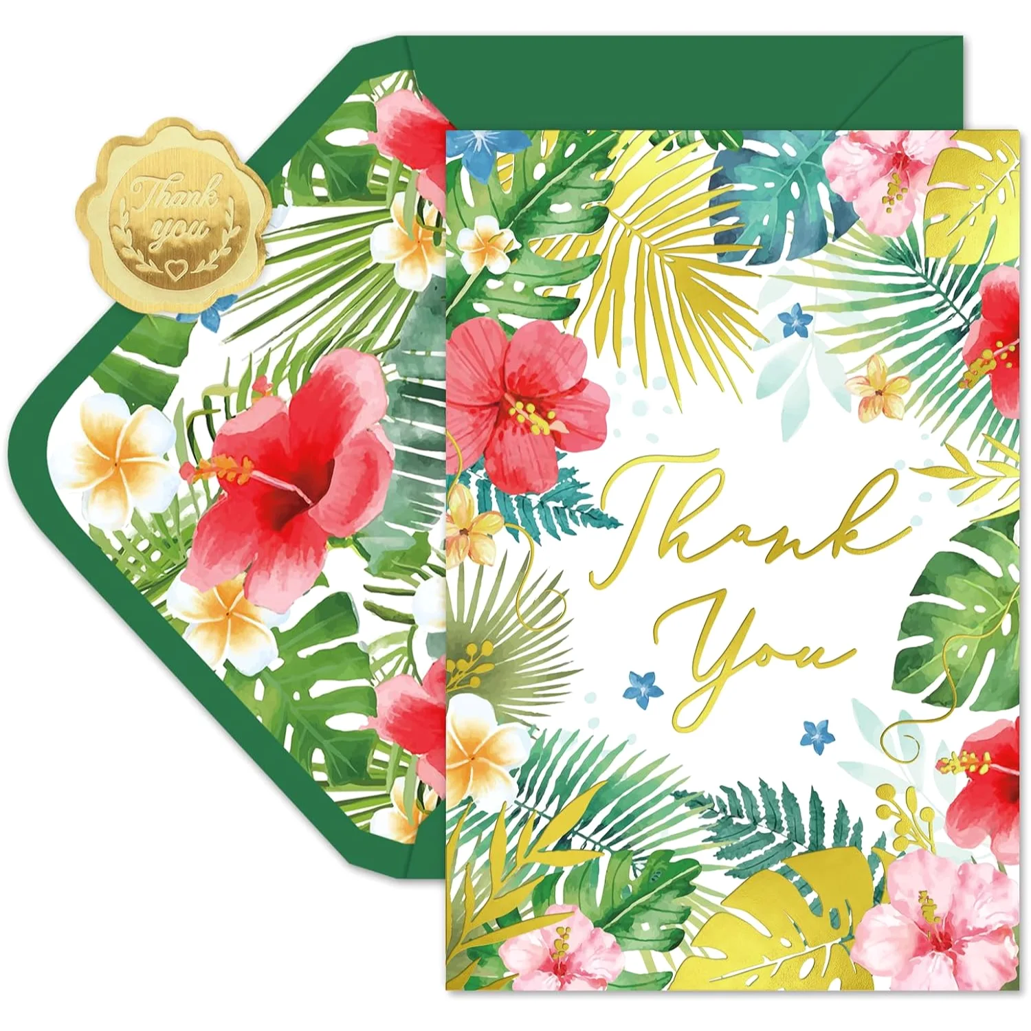 24 Pack Hawaiian Thank You Cards Gold Foil Tropical Flowers Leaves Note