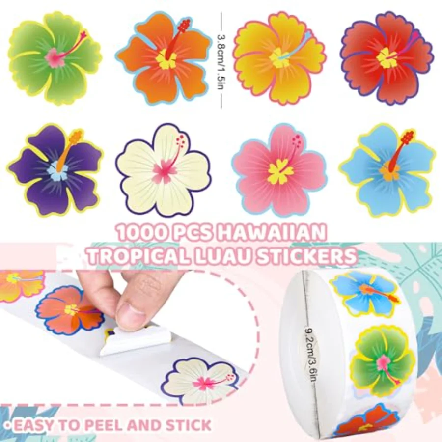 1000Pcs Hawaiian Tropical Luau Stickers Summer Hibiscus Sticker Self, view 2